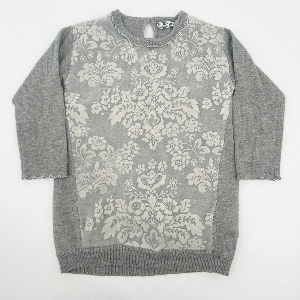 Mayoral Girls Gray Floral‎ Print Overlay Knit Angora Blend Sweater Dress Size 2